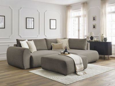 Canapé d'angle L convertible coffre LUCIEN tissu lisse avec pouf