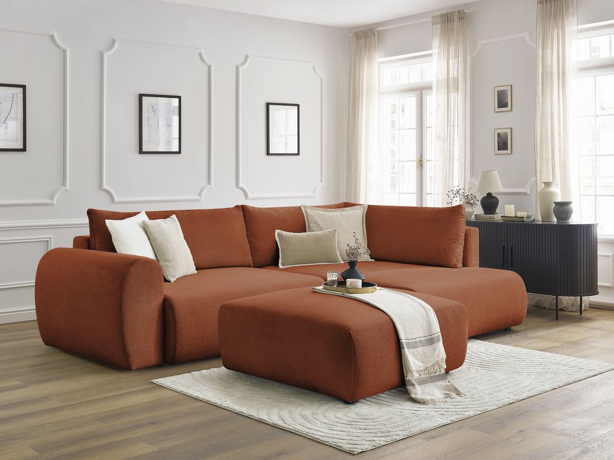 Canapé d'angle L convertible coffre LUCIEN tissu lisse avec pouf