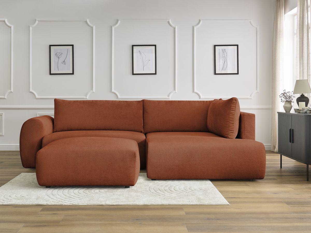 Canapé d'angle L convertible coffre LUCIEN lisse avec pouf orange — vue 5