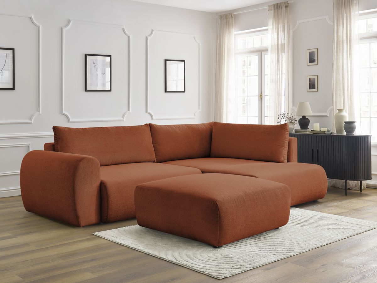 Canapé d'angle L convertible coffre LUCIEN tissu lisse avec pouf