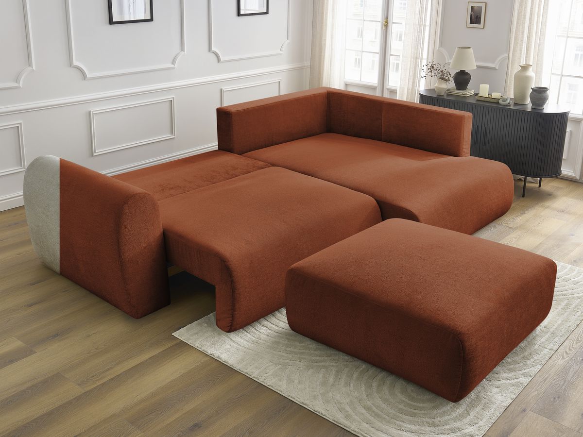Canapé d'angle L convertible coffre LUCIEN tissu lisse avec pouf