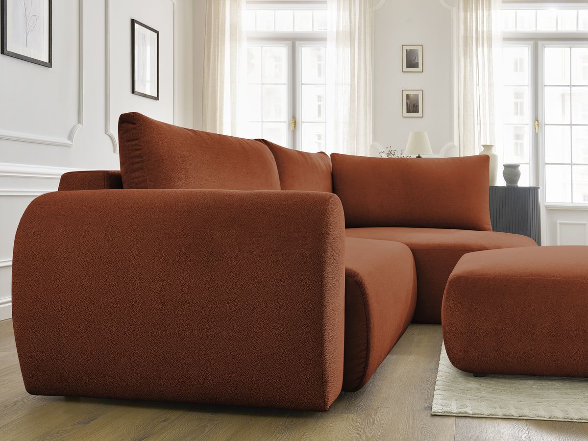 Canapé d'angle L convertible coffre LUCIEN tissu lisse avec pouf