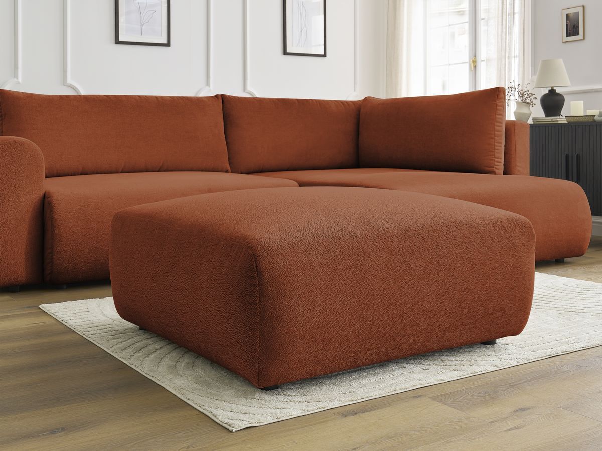 Canapé d'angle L convertible coffre LUCIEN tissu lisse avec pouf