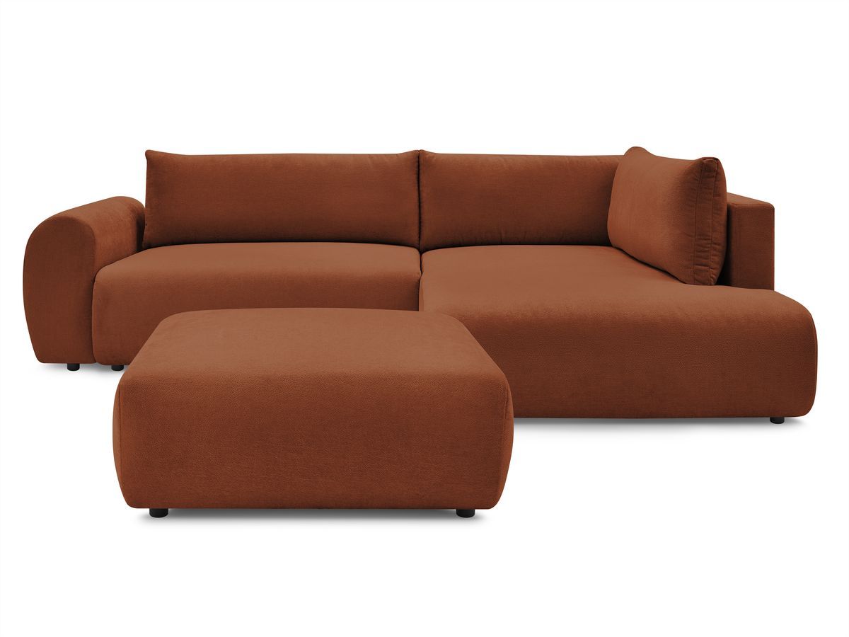Canapé d'angle L convertible coffre LUCIEN tissu lisse avec pouf