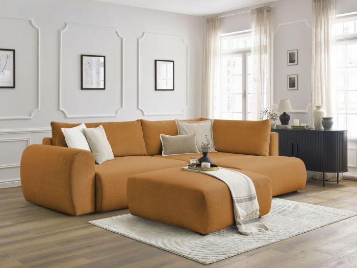 Canapé d'angle L convertible coffre LUCIEN tissu lisse avec pouf