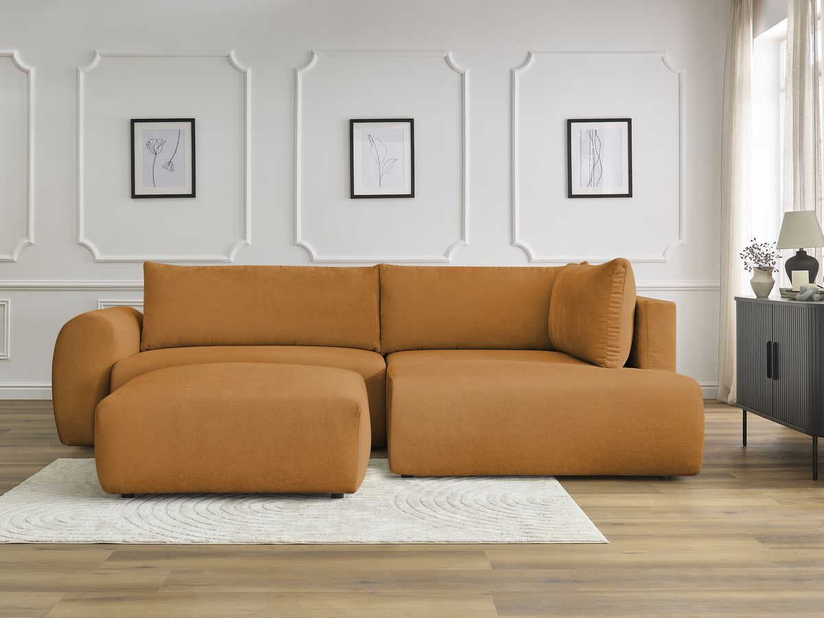 Canapé d'angle L convertible coffre LUCIEN lisse avec pouf jaune — vue 5