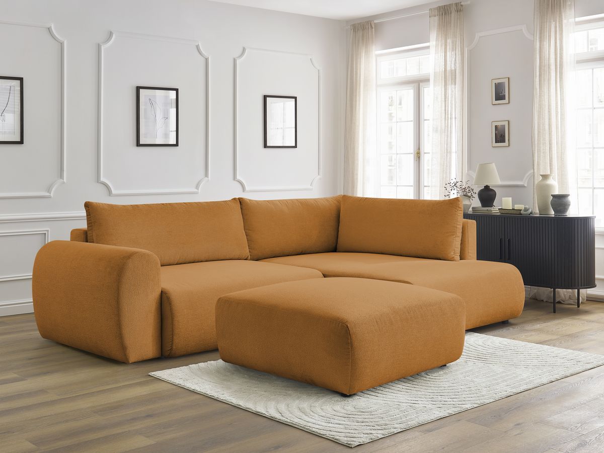 Canapé d'angle L convertible coffre LUCIEN tissu lisse avec pouf