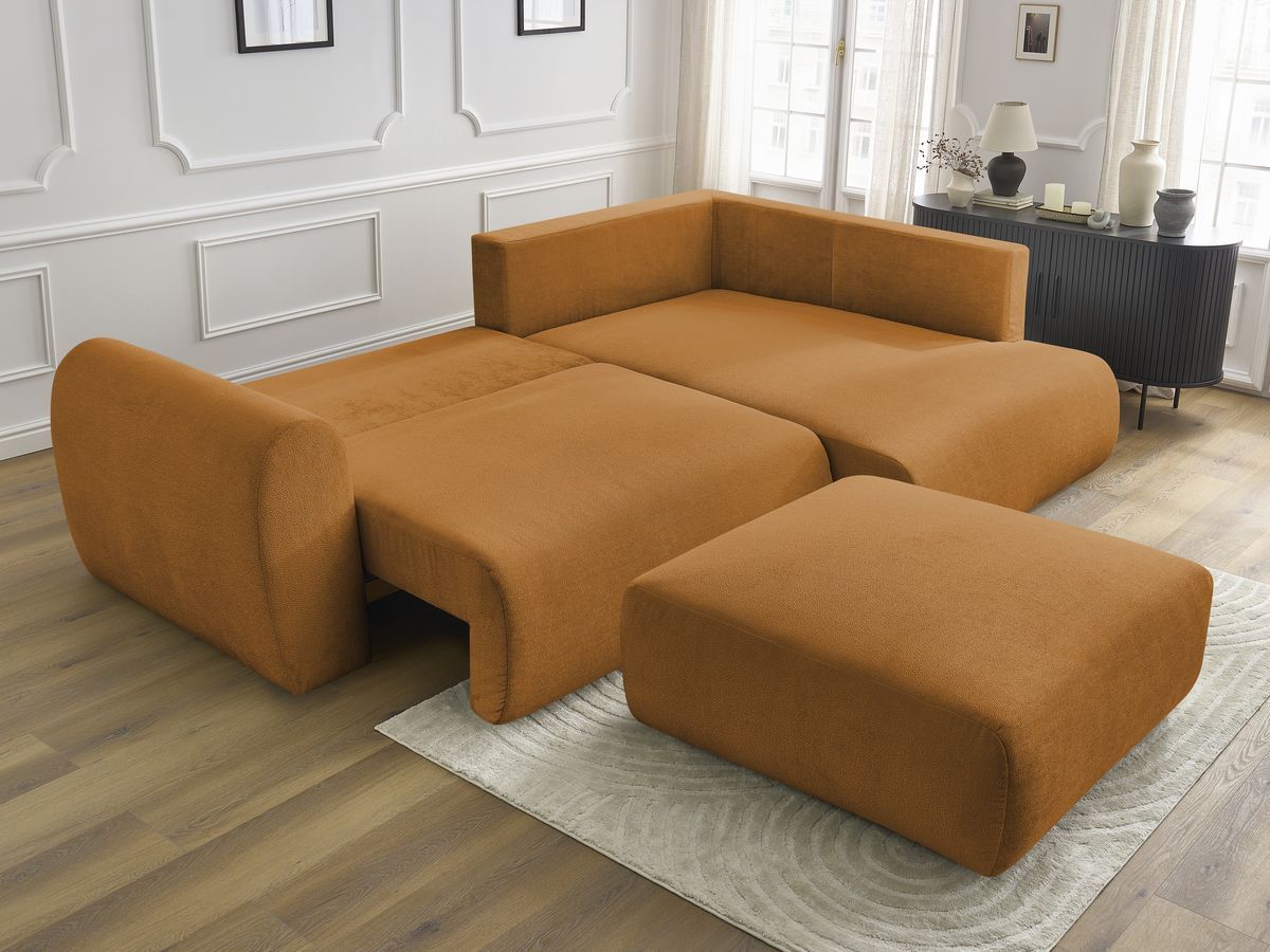 Canapé d'angle L convertible coffre LUCIEN tissu lisse avec pouf