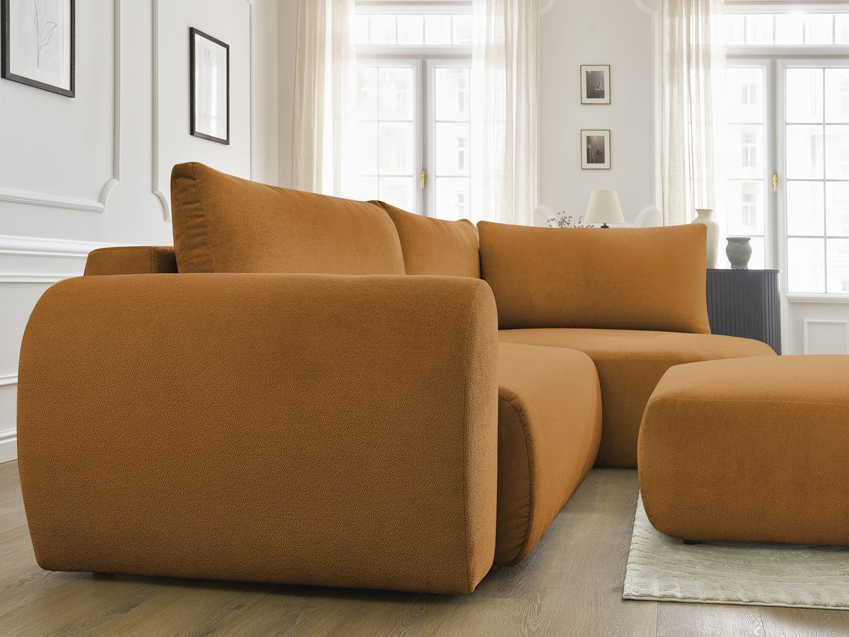 Canapé d'angle L convertible coffre LUCIEN tissu lisse avec pouf