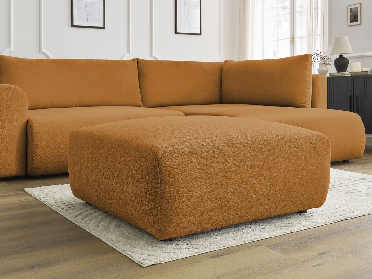 Canapé d'angle L convertible coffre LUCIEN tissu lisse avec pouf