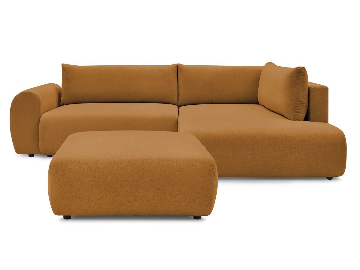 Canapé d'angle L convertible coffre LUCIEN tissu lisse avec pouf