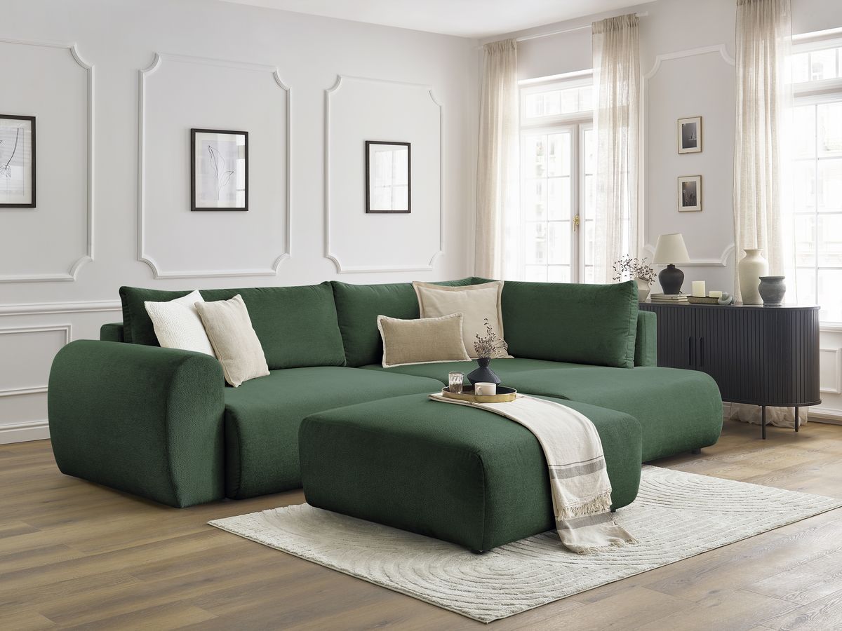 Canapé d'angle L convertible coffre LUCIEN tissu lisse avec pouf