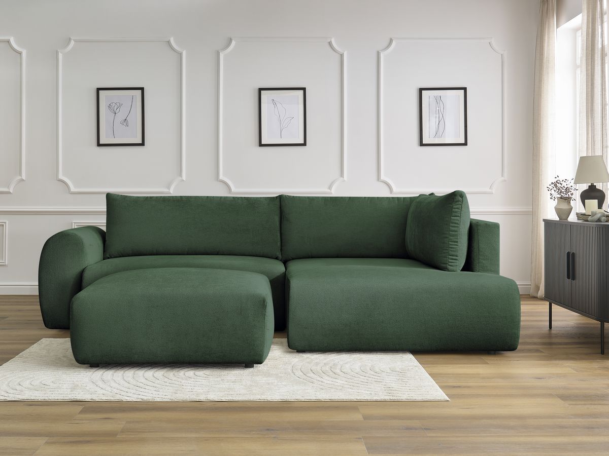 Canapé d'angle L convertible coffre LUCIEN lisse avec pouf vert — vue 5