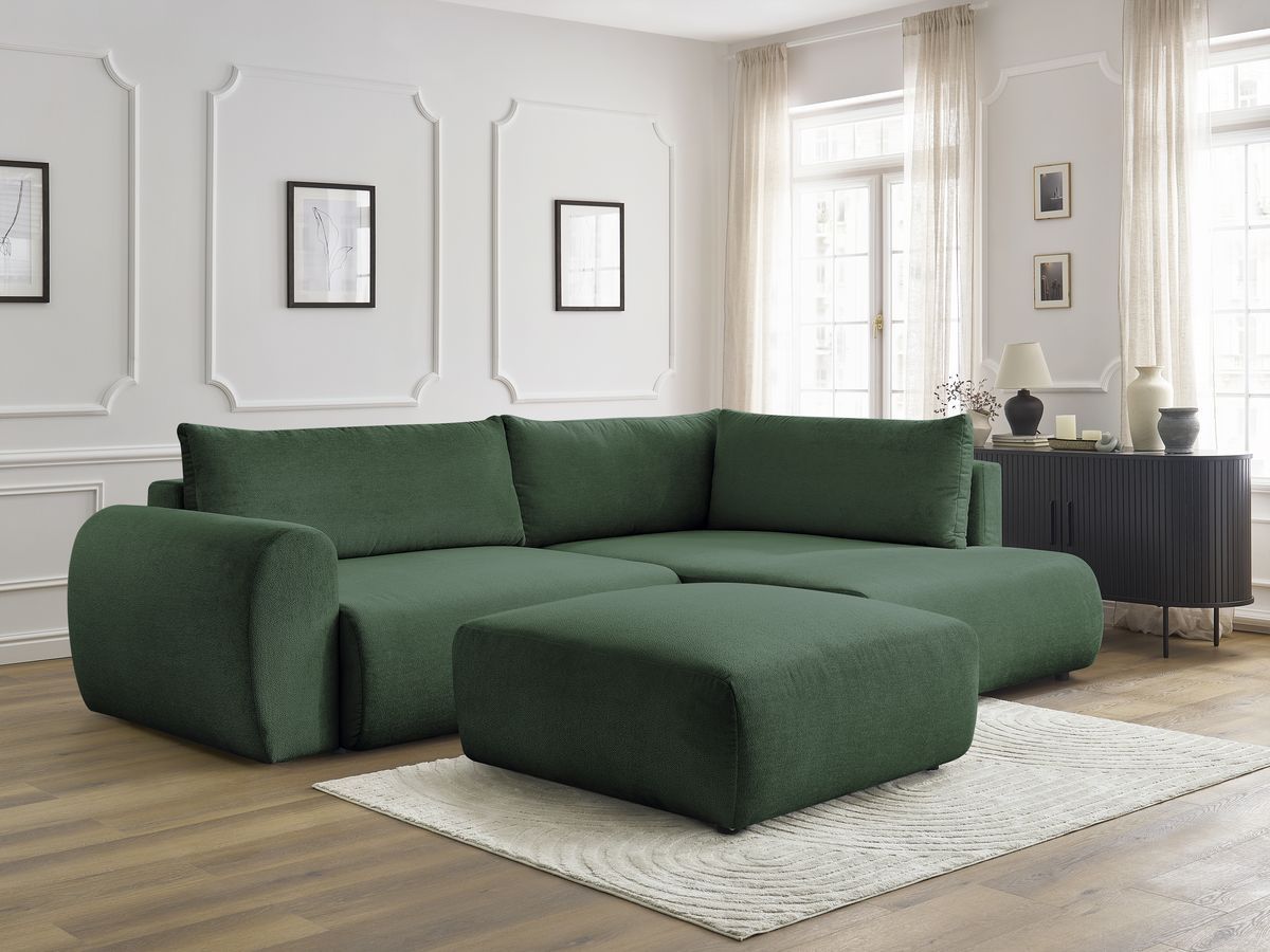 Canapé d'angle L convertible coffre LUCIEN tissu lisse avec pouf
