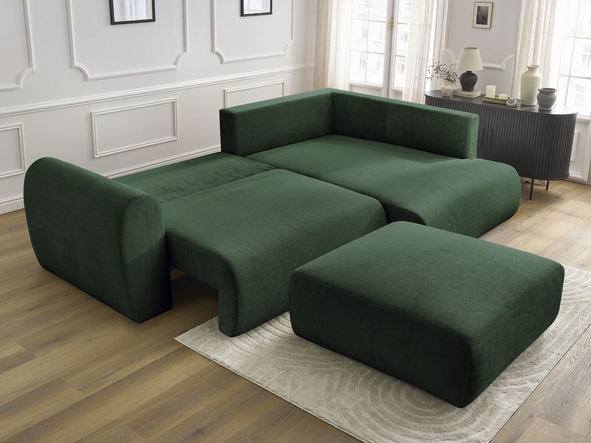 Canapé d'angle L convertible coffre LUCIEN tissu lisse avec pouf