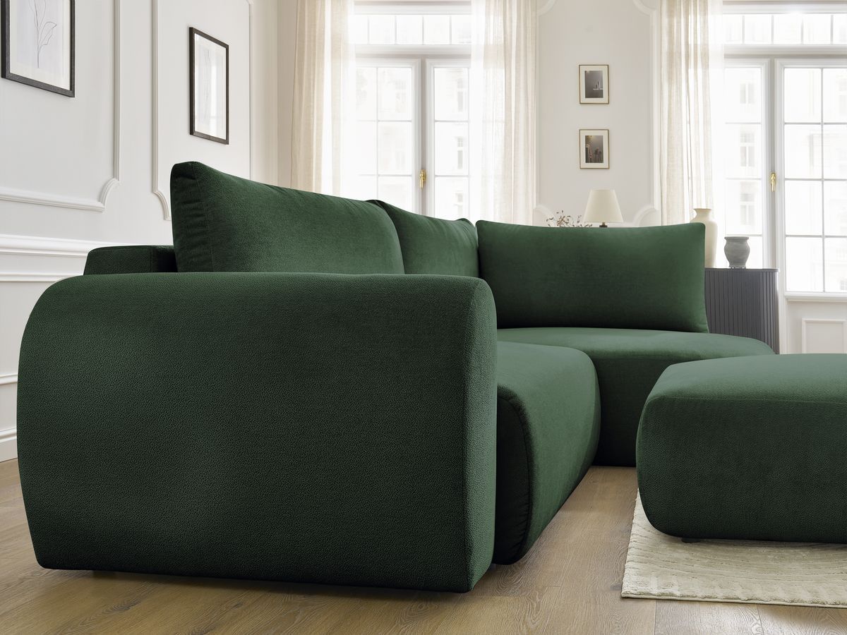 Canapé d'angle L convertible coffre LUCIEN tissu lisse avec pouf
