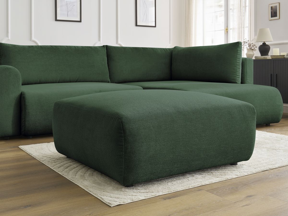 Canapé d'angle L convertible coffre LUCIEN tissu lisse avec pouf