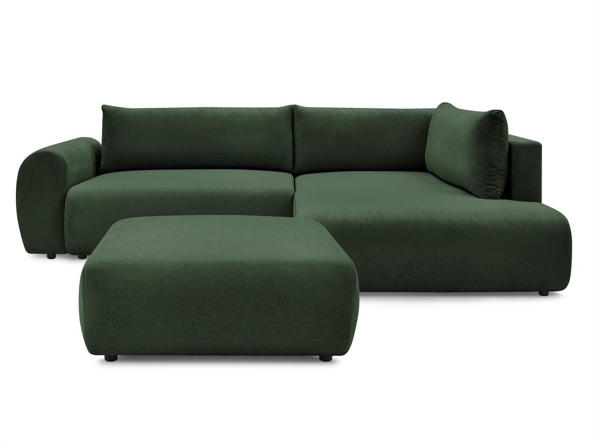 Canapé d'angle L convertible coffre LUCIEN tissu lisse avec pouf