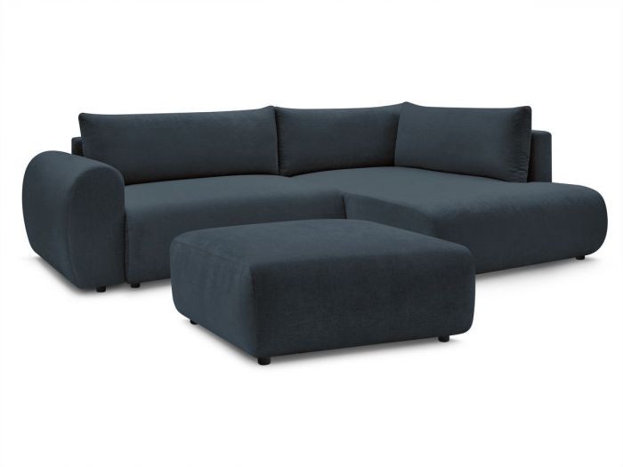 Canapé d'angle L convertible coffre LUCIEN tissu lisse avec pouf