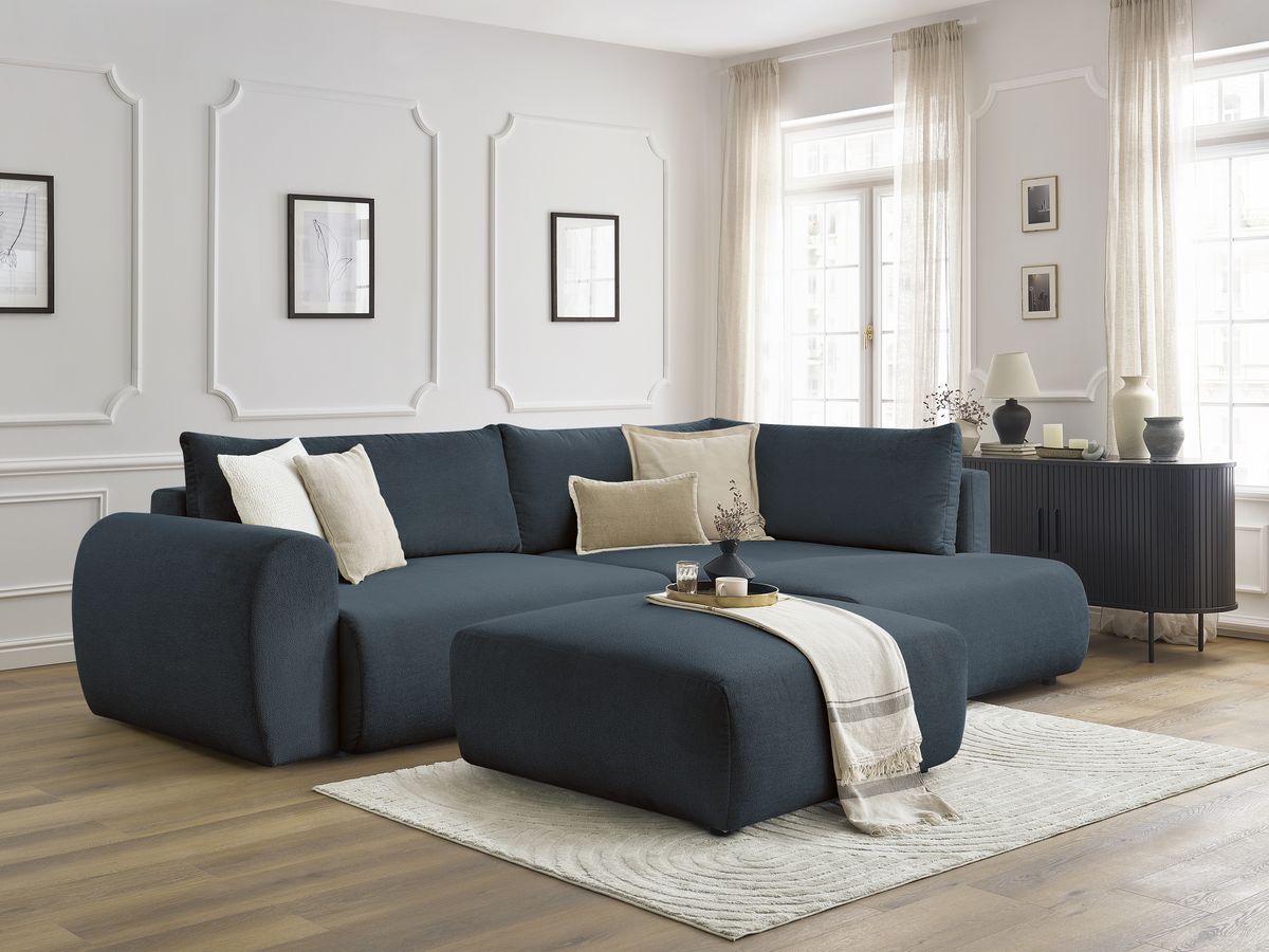 Canapé d'angle L convertible coffre LUCIEN tissu lisse avec pouf