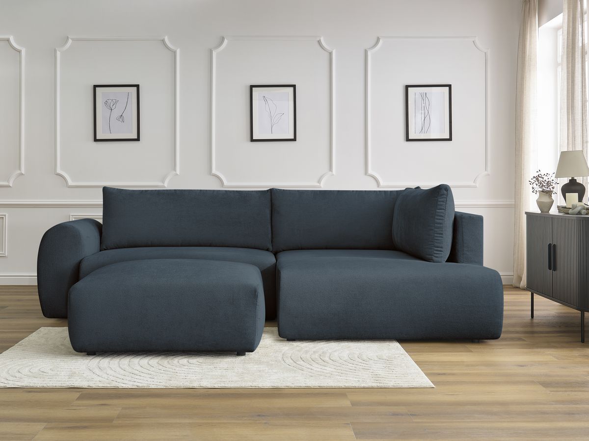 Canapé d'angle L convertible coffre LUCIEN lisse avec pouf bleu foncé — vue 5