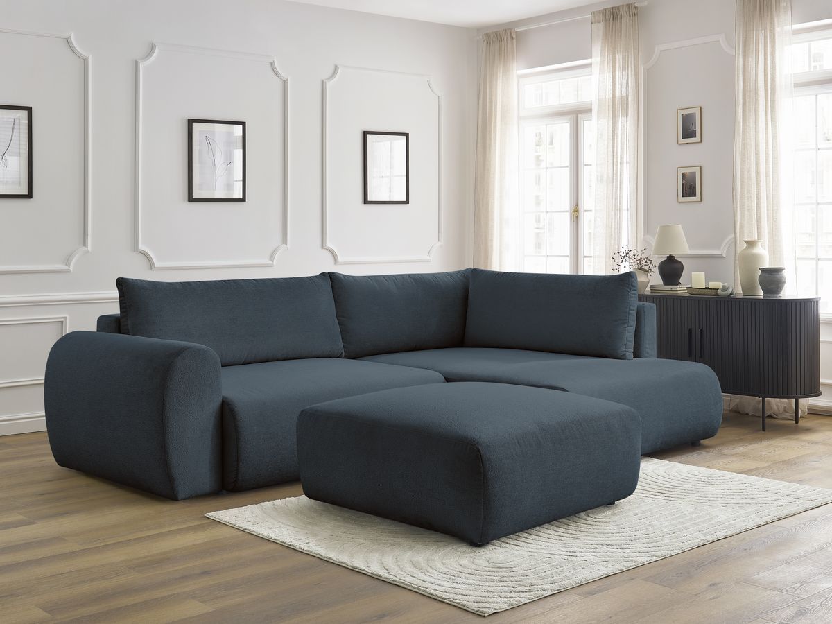 Canapé d'angle L convertible coffre LUCIEN tissu lisse avec pouf