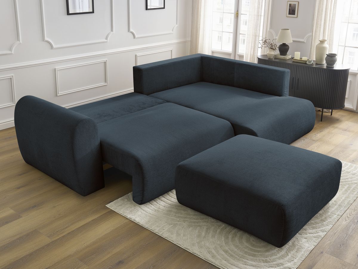 Canapé d'angle L convertible coffre LUCIEN tissu lisse avec pouf
