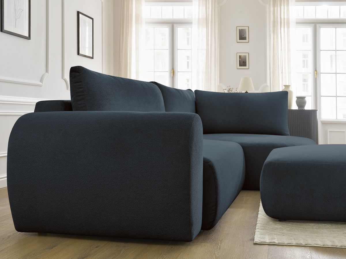 Canapé d'angle L convertible coffre LUCIEN tissu lisse avec pouf