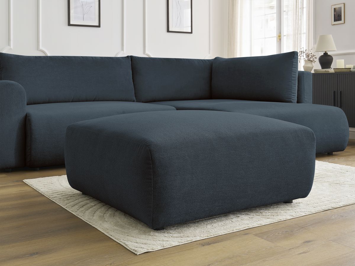 Canapé d'angle L convertible coffre LUCIEN tissu lisse avec pouf