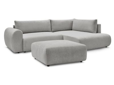 Canapé d'angle L convertible coffre LUCIEN tissu lisse avec pouf