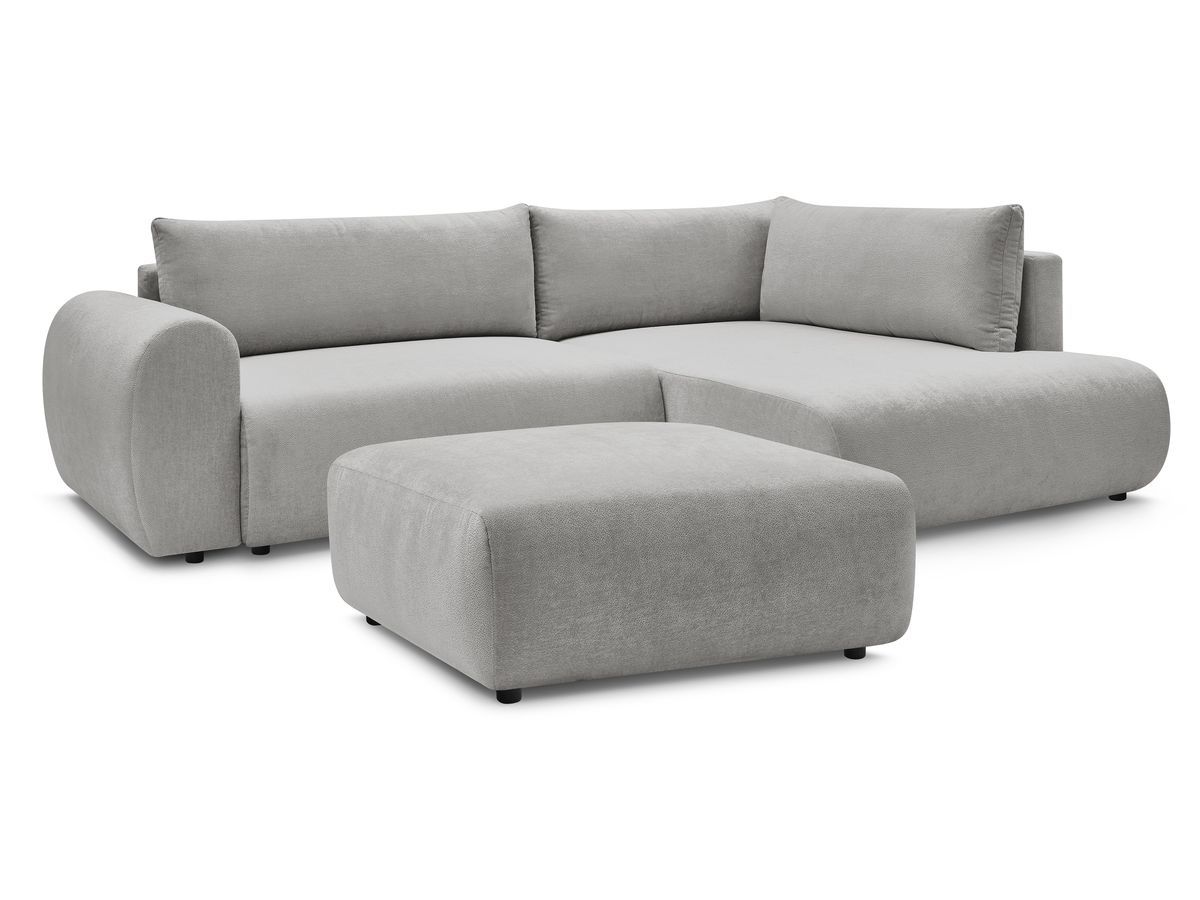 Canapé d'angle L convertible coffre LUCIEN tissu lisse avec pouf