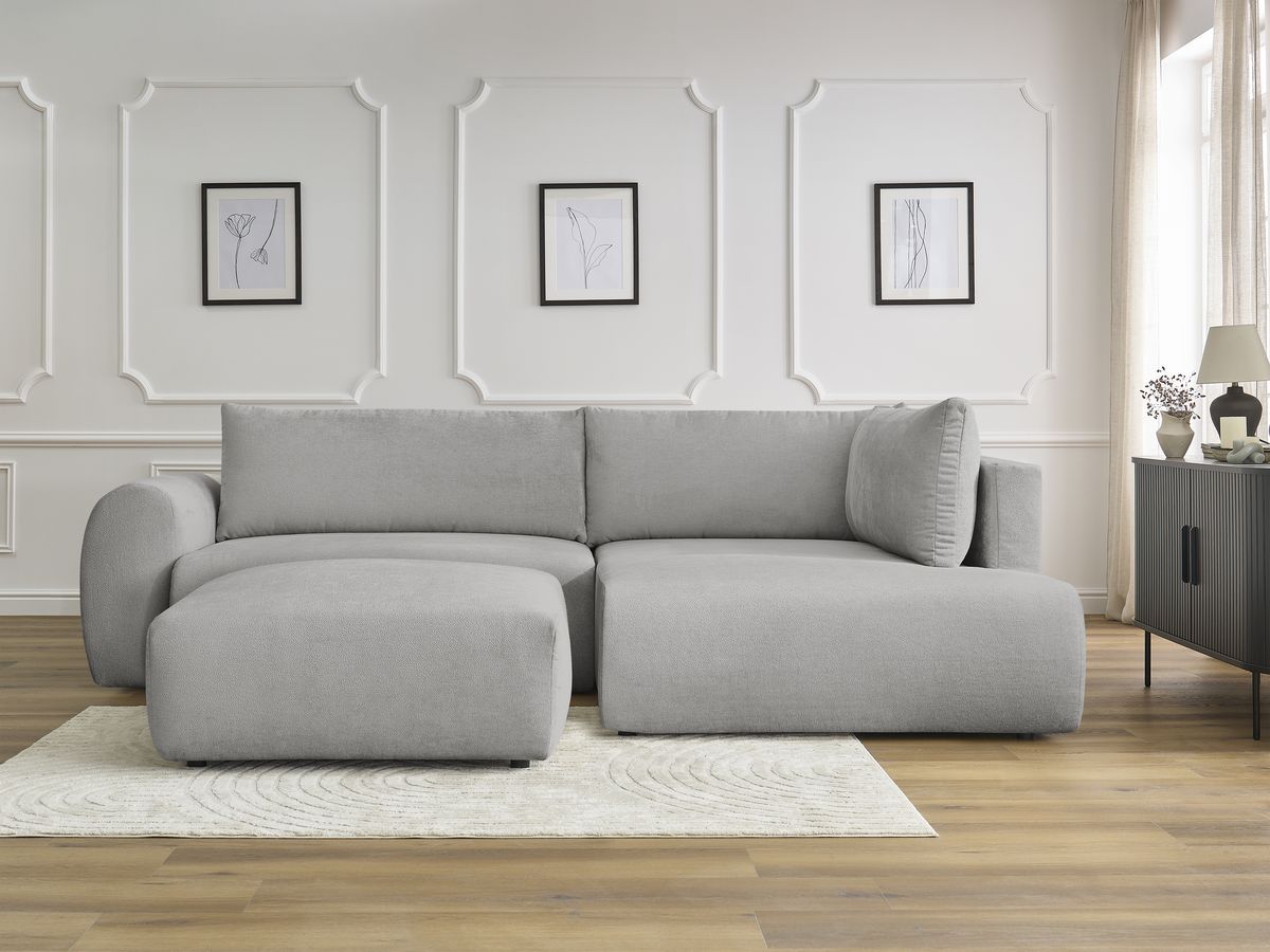 Canapé d'angle L convertible coffre LUCIEN lisse avec pouf gris clair — vue 5