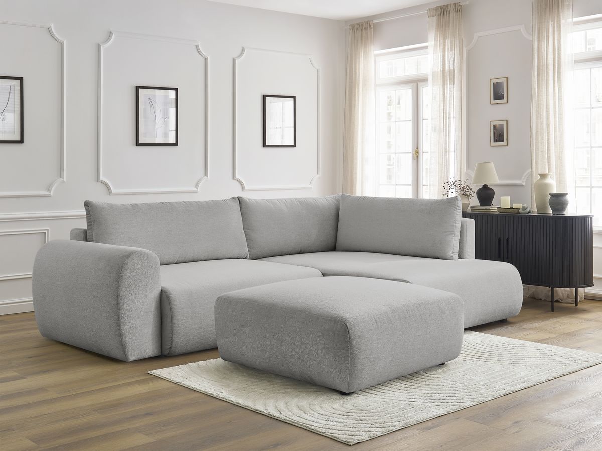 Canapé d'angle L convertible coffre LUCIEN tissu lisse avec pouf