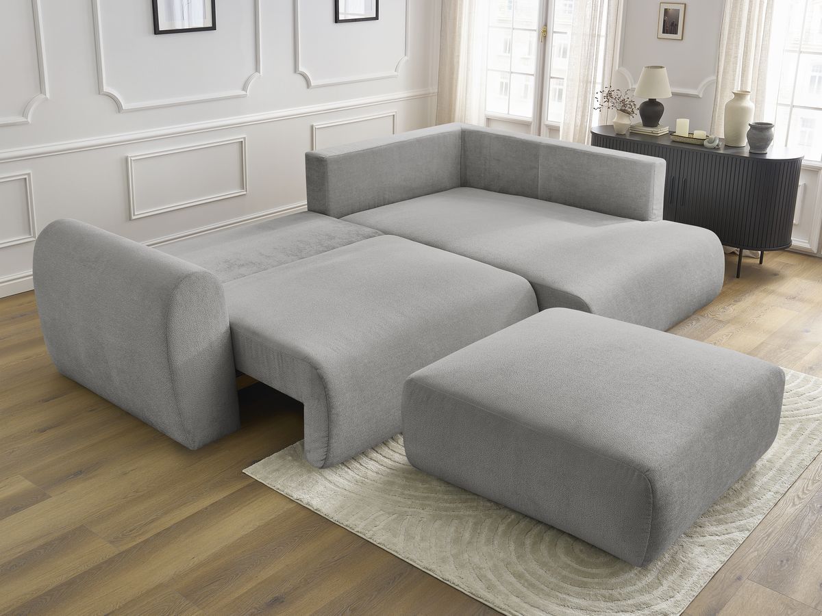 Canapé d'angle L convertible coffre LUCIEN tissu lisse avec pouf
