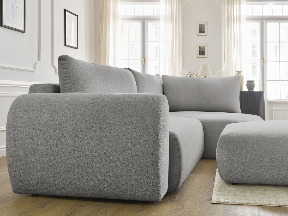 Canapé d'angle L convertible coffre LUCIEN tissu lisse avec pouf