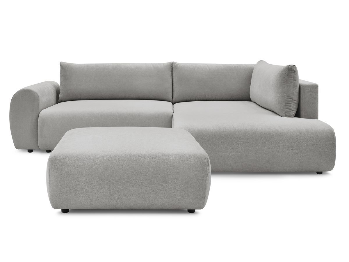 Canapé d'angle L convertible coffre LUCIEN tissu lisse avec pouf