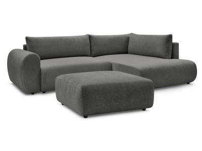 Canapé d'angle L convertible coffre LUCIEN tissu lisse avec pouf