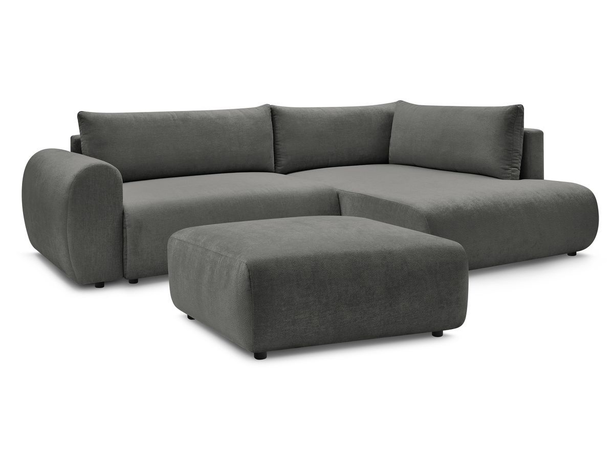 Canapé d'angle L convertible coffre LUCIEN tissu lisse avec pouf