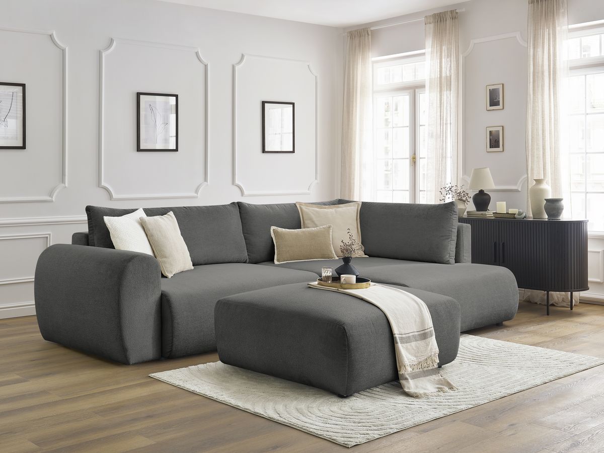 Canapé d'angle L convertible coffre LUCIEN tissu lisse avec pouf