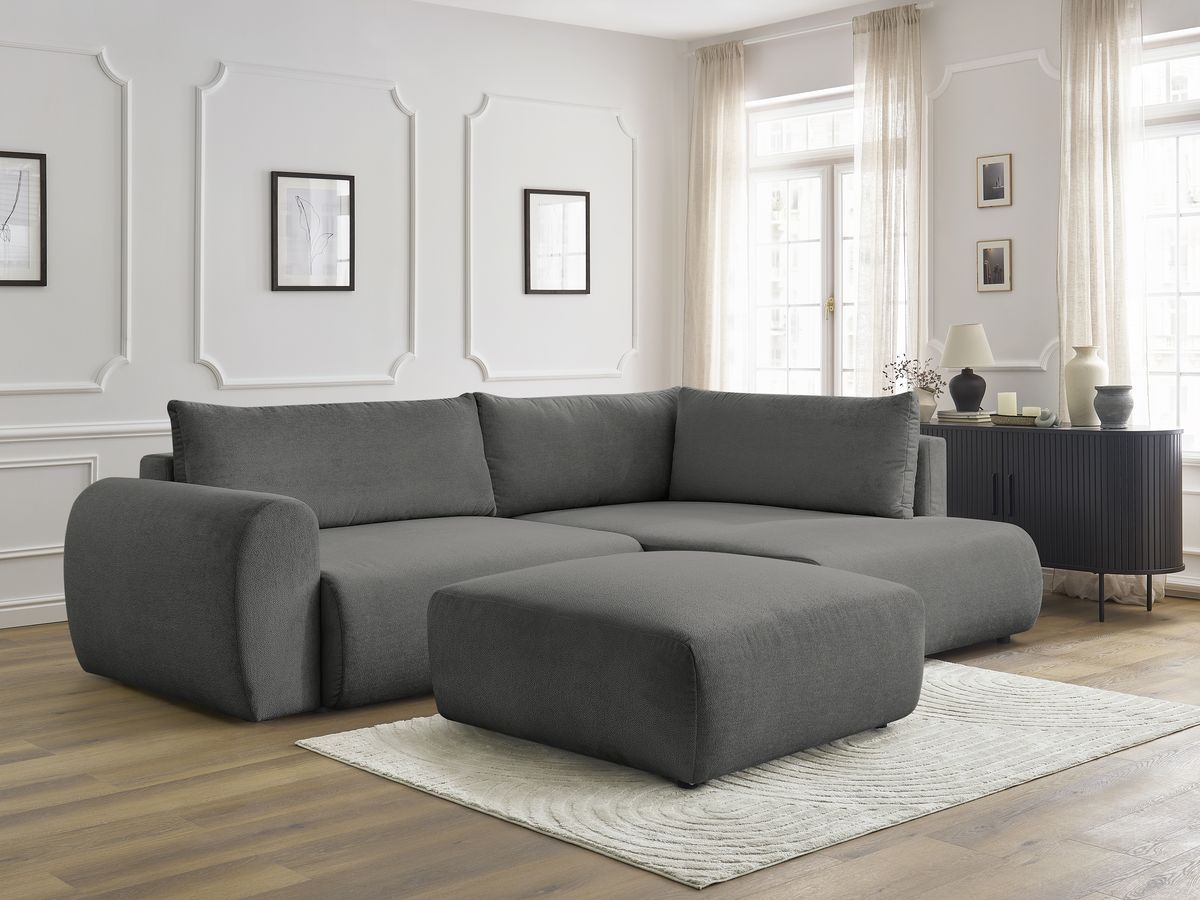 Canapé d'angle L convertible coffre LUCIEN tissu lisse avec pouf