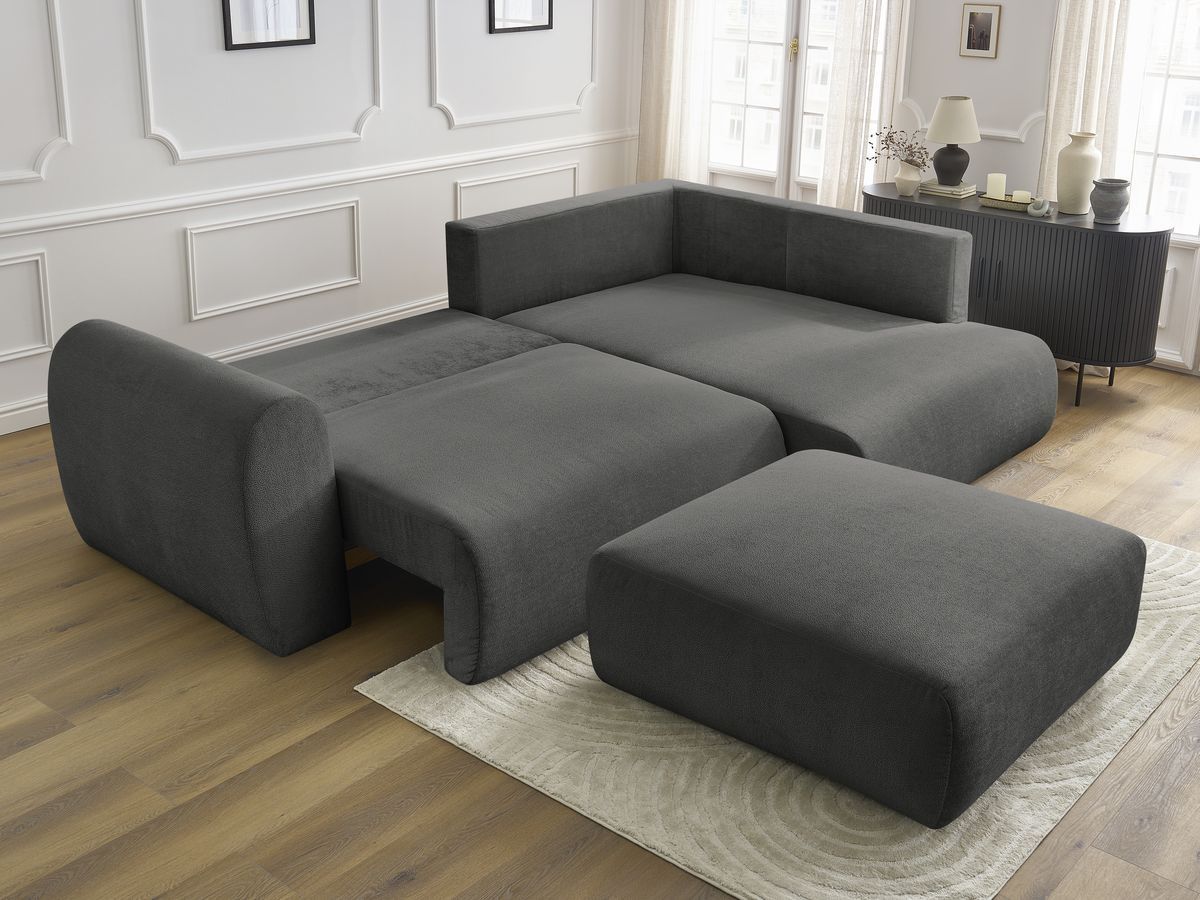 Canapé d'angle L convertible coffre LUCIEN tissu lisse avec pouf