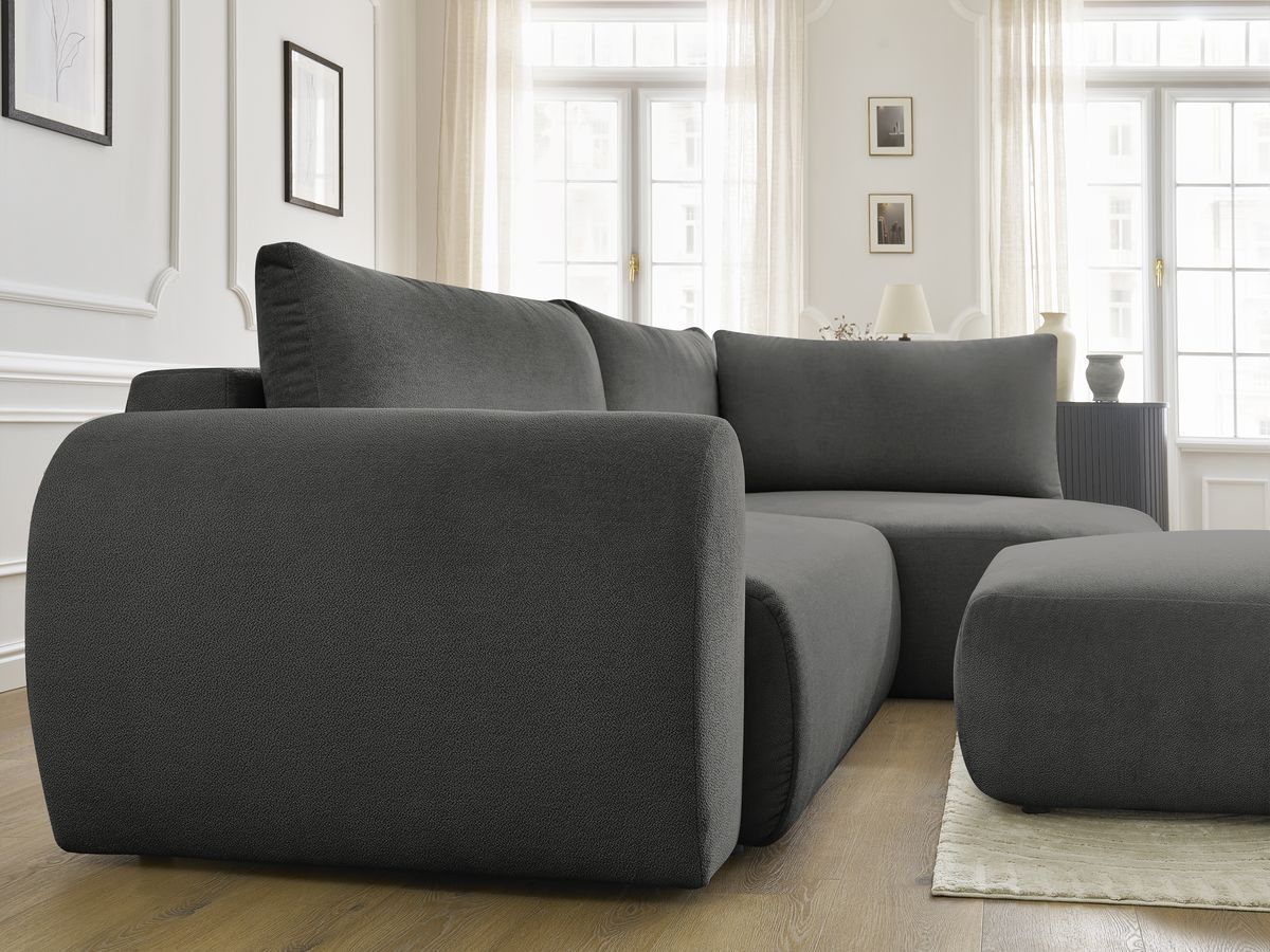 Canapé d'angle L convertible coffre LUCIEN tissu lisse avec pouf