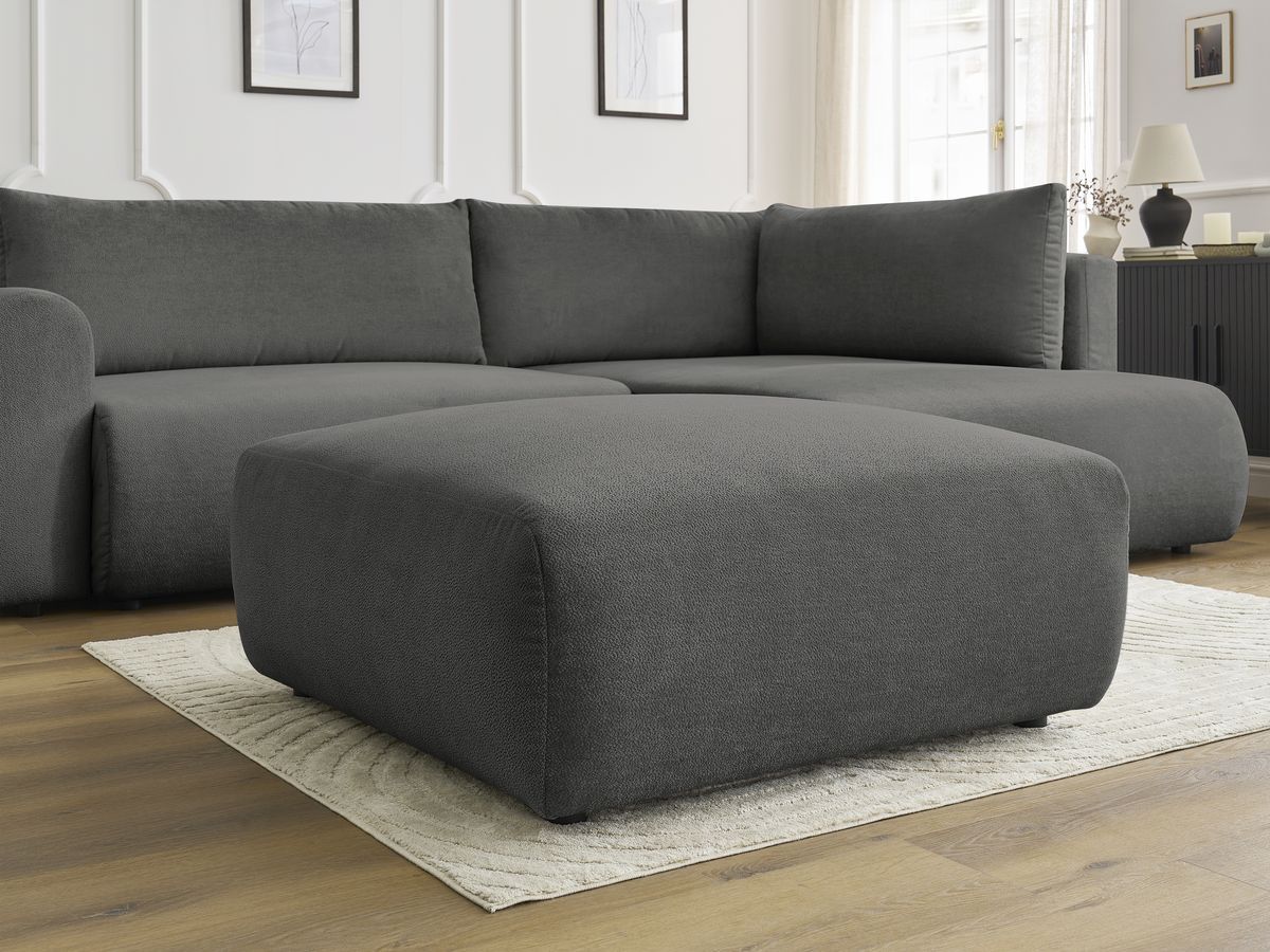 Canapé d'angle L convertible coffre LUCIEN tissu lisse avec pouf
