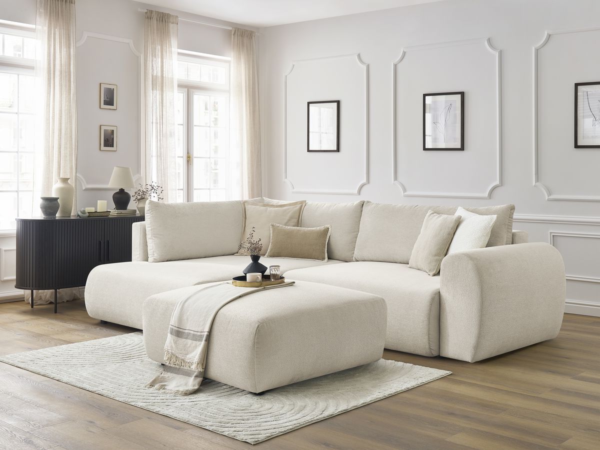 Canapé d'angle L convertible coffre LUCIEN tissu lisse avec pouf
