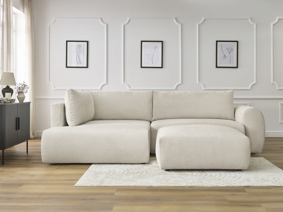 Canapé d'angle L convertible coffre LUCIEN tissu lisse avec pouf beige angle gauche BOBOCHIC 4 places - Vue supplémentaire 3