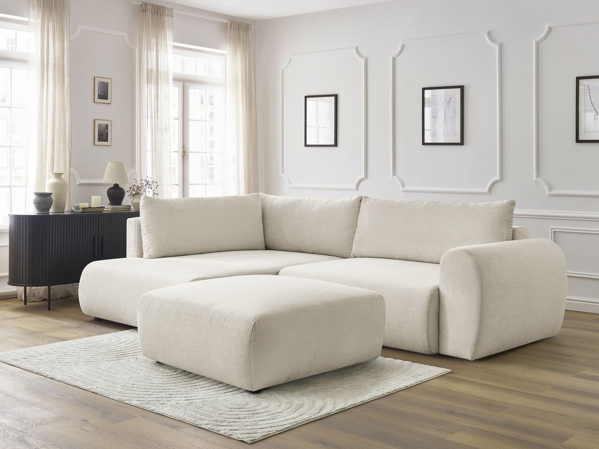 Canapé d'angle L convertible coffre LUCIEN tissu lisse avec pouf
