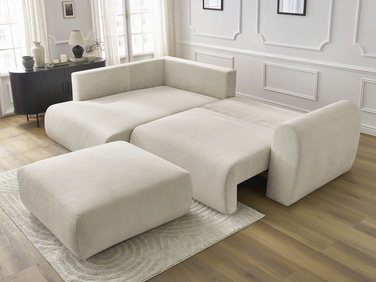 Canapé d'angle L convertible coffre LUCIEN tissu lisse avec pouf