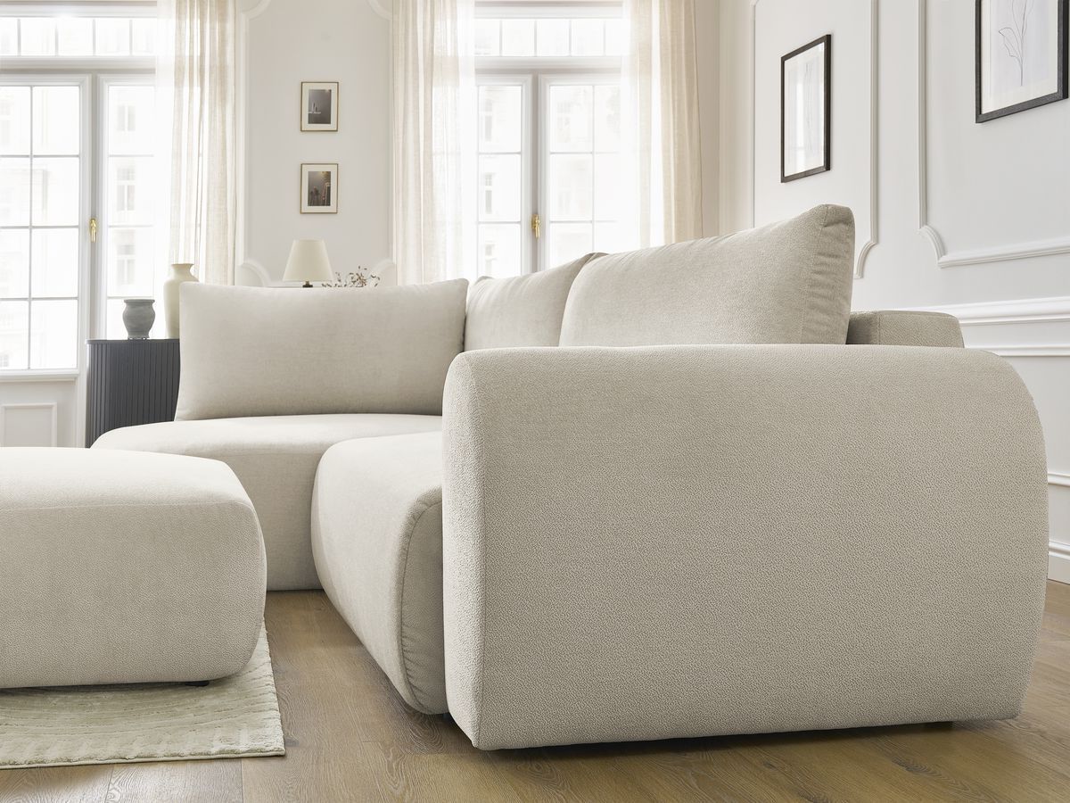 Canapé d'angle L convertible coffre LUCIEN tissu lisse avec pouf