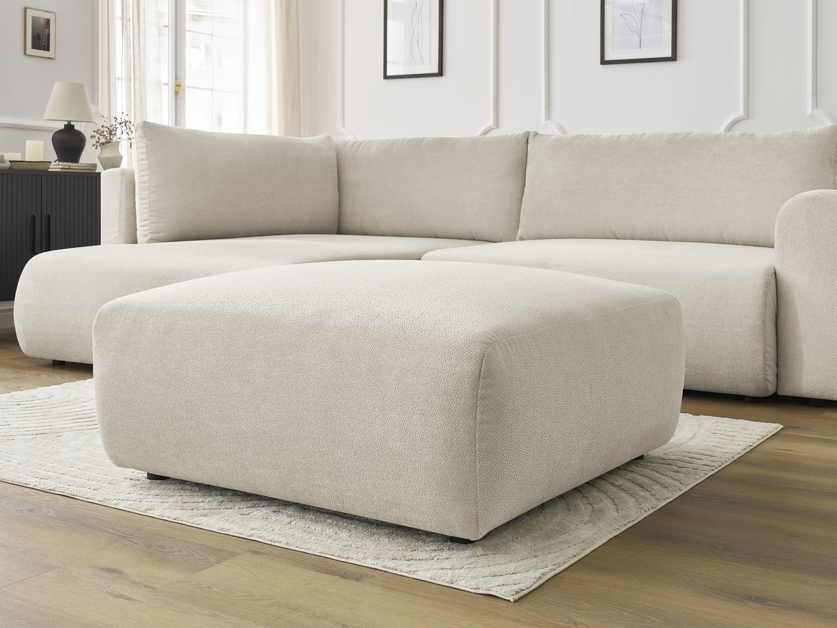 Canapé d'angle L convertible coffre LUCIEN tissu lisse avec pouf