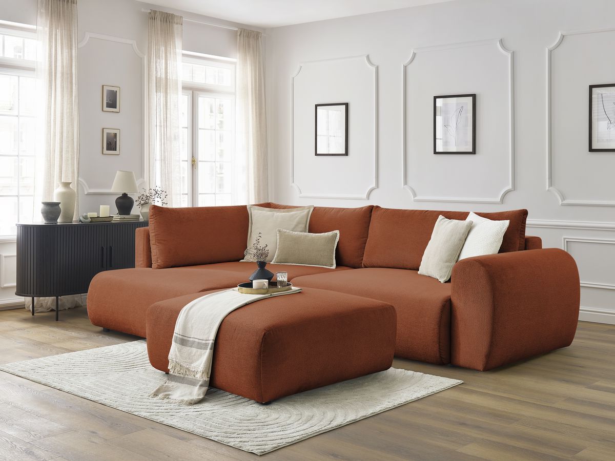 Canapé d'angle L convertible coffre LUCIEN tissu lisse avec pouf